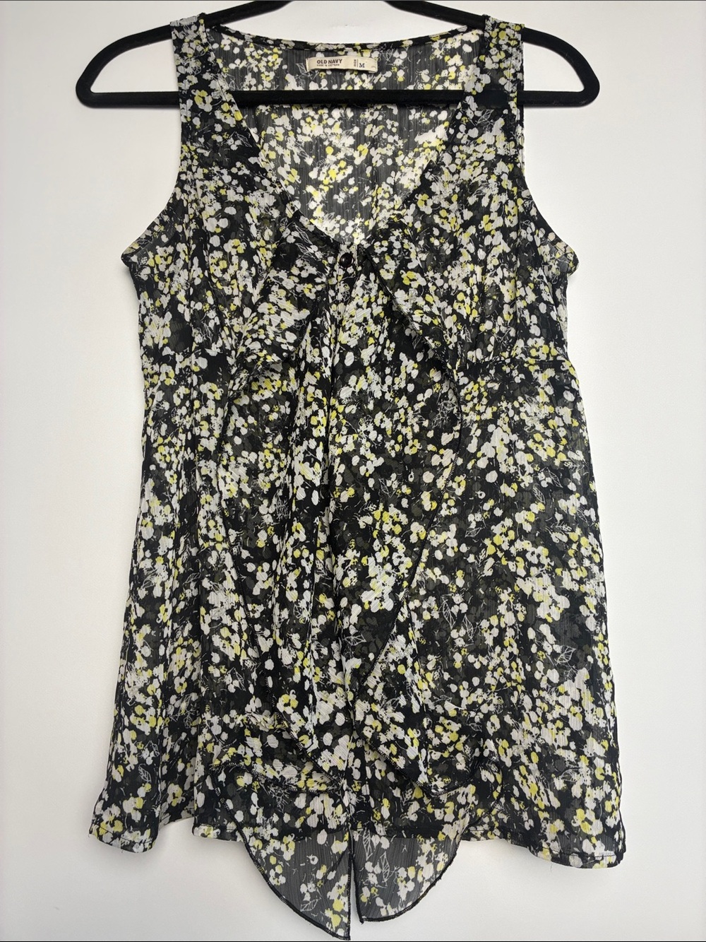Old Navy Black Floral Ruffle-Front Sheer Camisole with White and Yellow Flowers